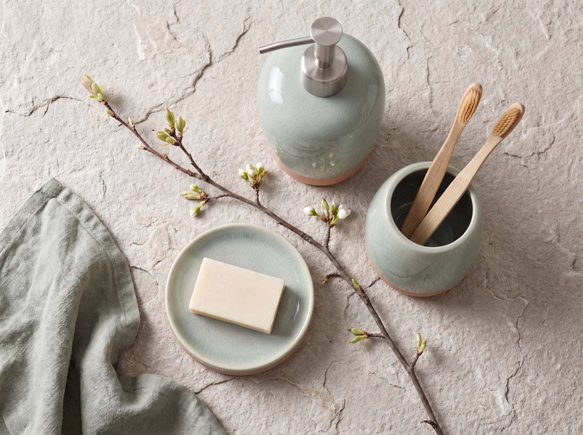 Overhead view of the celadon bathroom set with bamboo toothbrushes in the holder and a soap bar on the dish