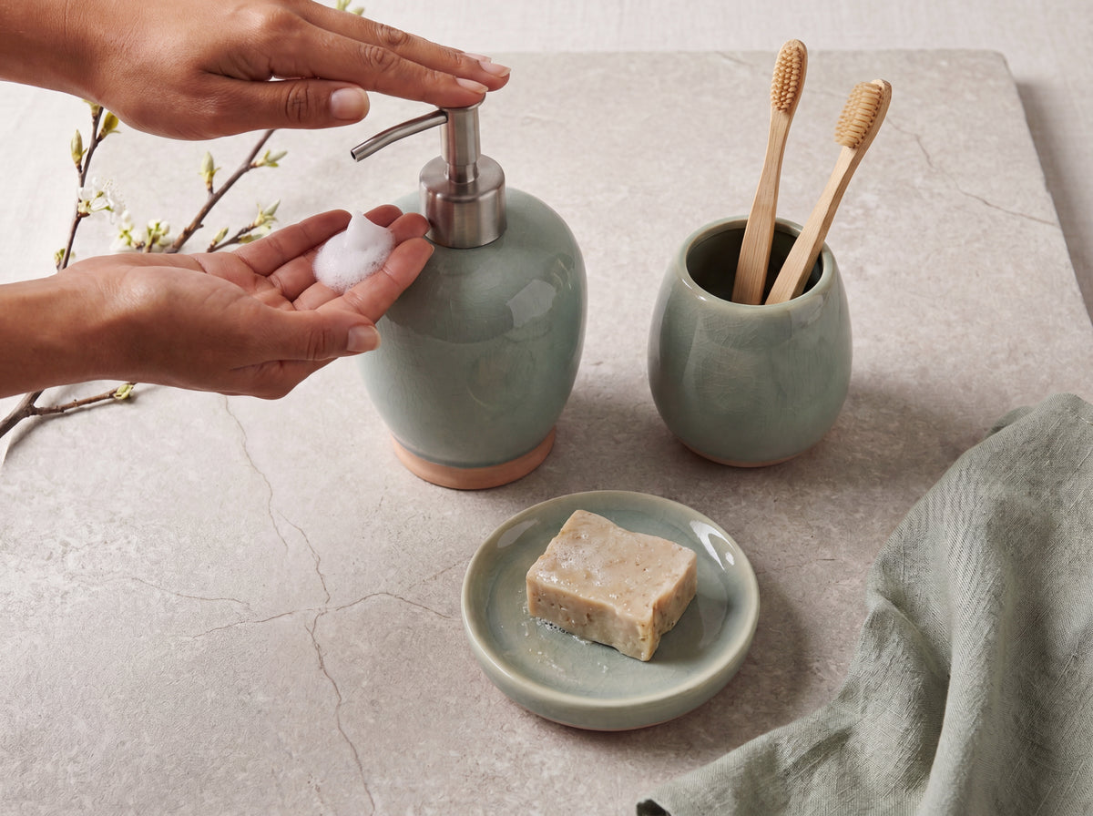 Hands pressing the stainless steel pump of a celadon ceramic soap dispenser beside its matching holder and soap dish