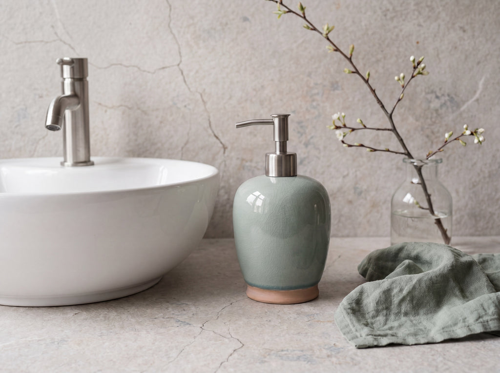 Celadon ceramic soap dispenser beside a white basin and brushed steel tap