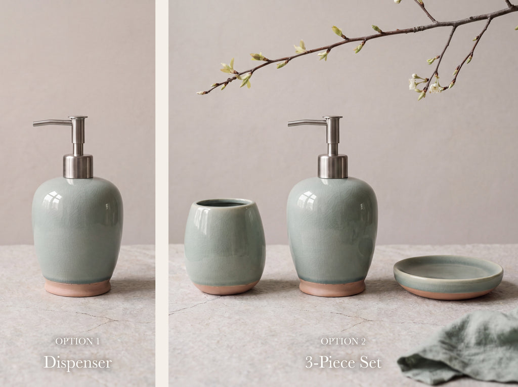 Two options: the celadon soap dispenser alone, or the 3-piece set with toothbrush holder and soap dish