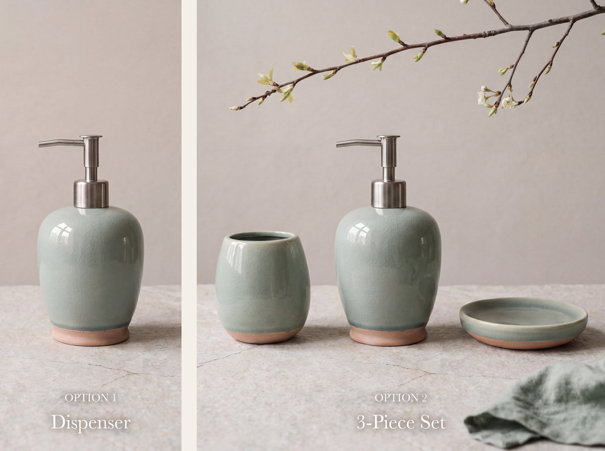 Two options: the celadon soap dispenser alone, or the 3-piece set with toothbrush holder and soap dish