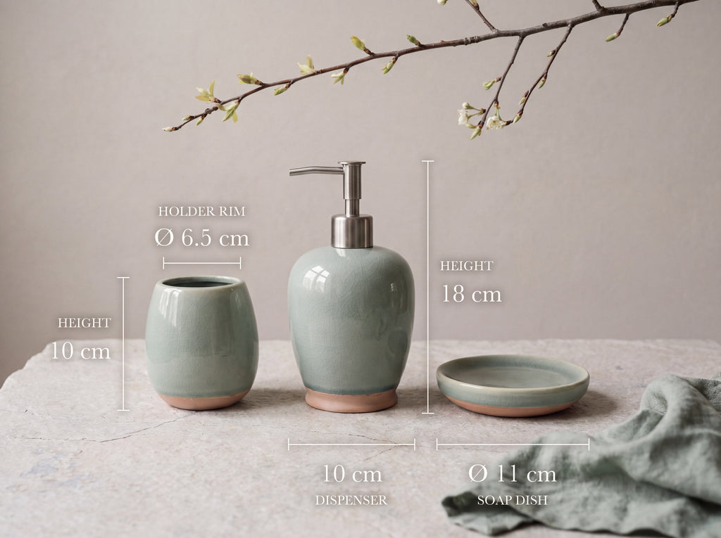 Celadon bathroom set with measurements: dispenser 18 cm tall and 10 cm wide, holder 10 cm tall with 6.5 cm rim, soap dish 11 cm