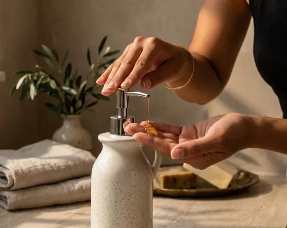 Ceramic Soap Dispenser Vintage Milk Jug Style | Speckled Cream Stoneware with Pump | Luxury Bathroom Kitchen Decor, Housewarming Gift