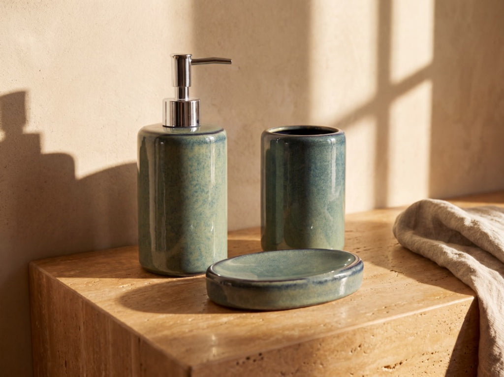 Low three-quarter view of the three-piece blue-green bathroom set showing the cylindrical dispenser, holder and oval dish.