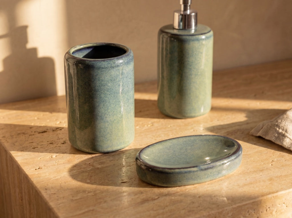 Close view of the blue-green toothbrush holder's open mouth and the shallow oval soap dish basin.