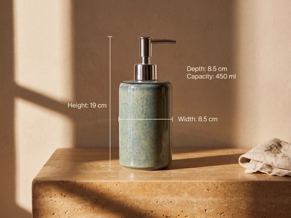 Blue-green ceramic soap dispenser with measurement labels reading height 19 cm, width 8.5 cm, depth 8.5 cm and capacity 450 ml.