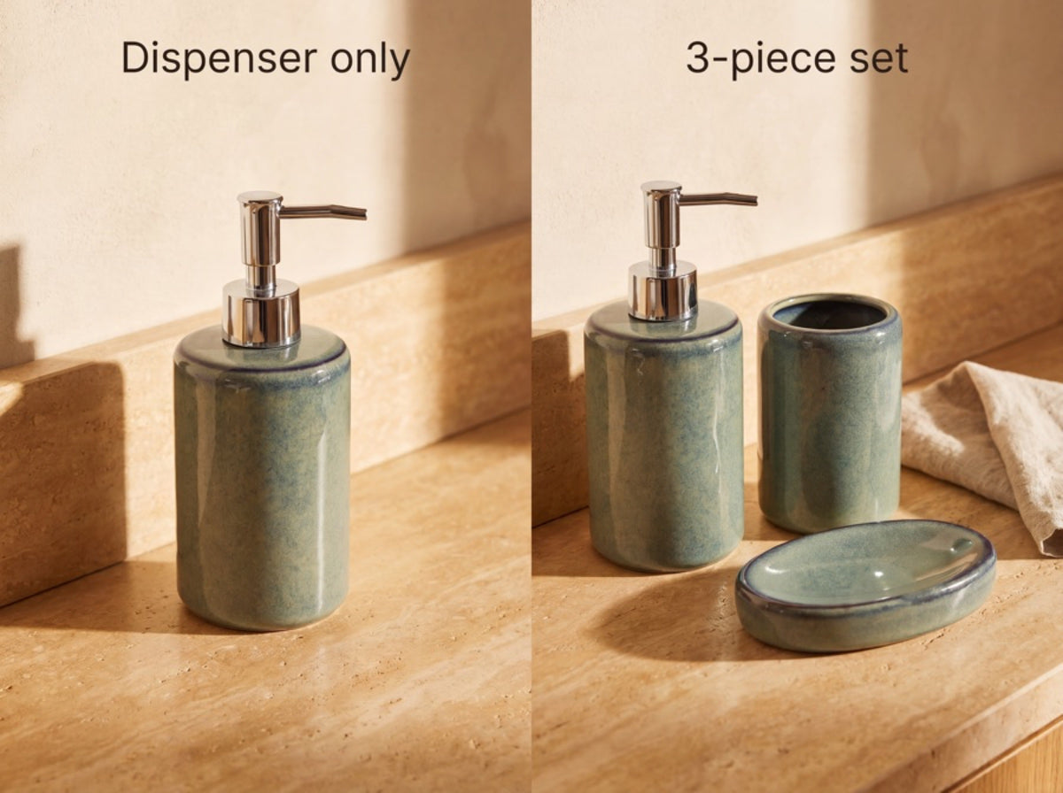 Side-by-side comparison of the dispenser-only option and the three-piece set option.