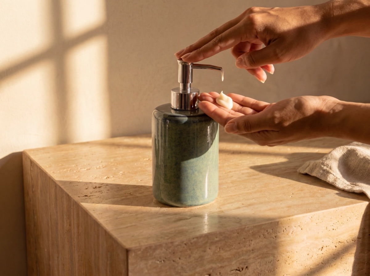 A hand pressing the silver pump of the blue-green ceramic soap dispenser beside a bathroom basin.