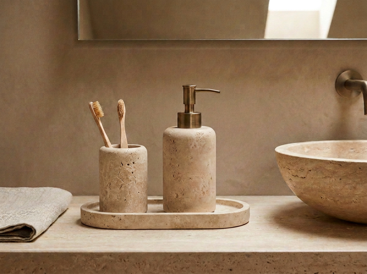 Natural Travertine Soap Dispenser with Tray & Holder