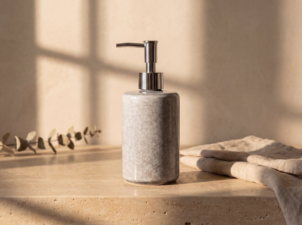 Tall grey glazed ceramic soap dispenser with a chrome pump on a travertine ledge with linen and eucalyptus.