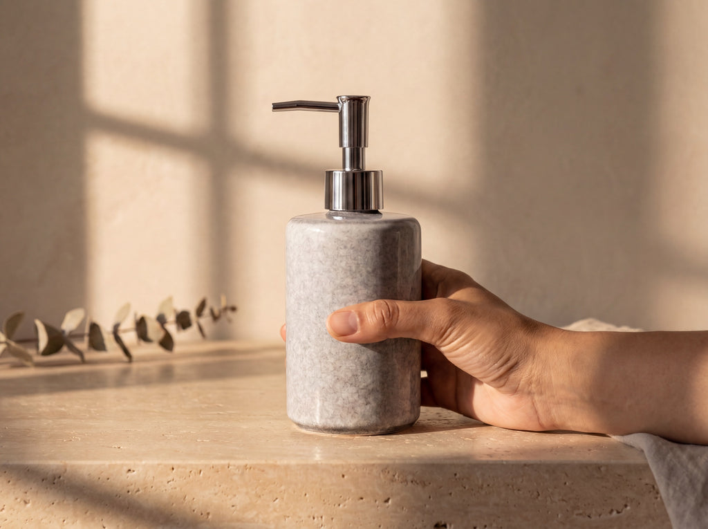 A hand holding the 18 cm grey ceramic soap dispenser to show its size.