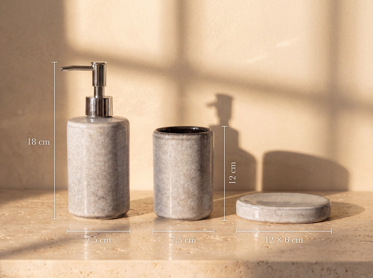 Dimensions: dispenser 18 cm tall and 7.5 cm wide, holder 12 cm tall and 7.5 cm wide, soap dish 12 x 6 cm.