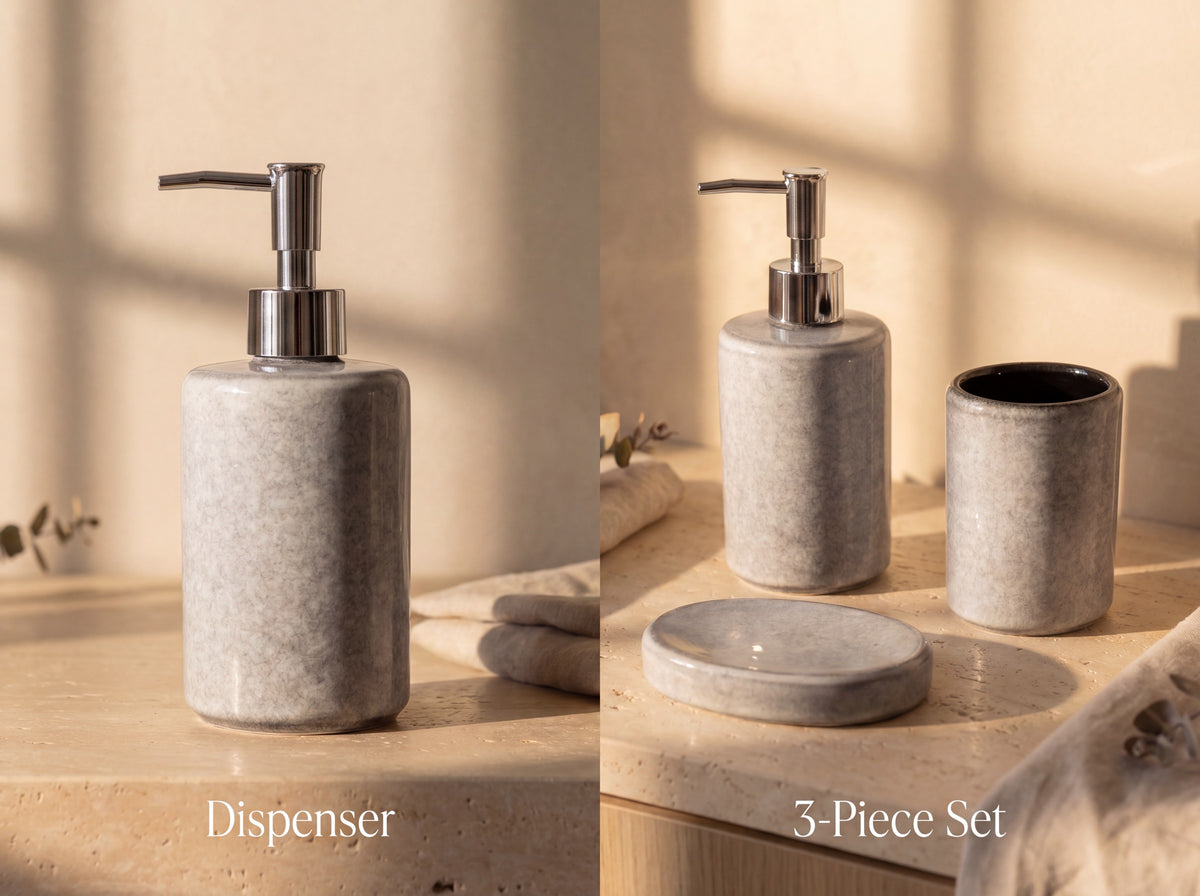 Two options side by side: the grey ceramic dispenser alone and the 3-piece set with holder and soap dish.