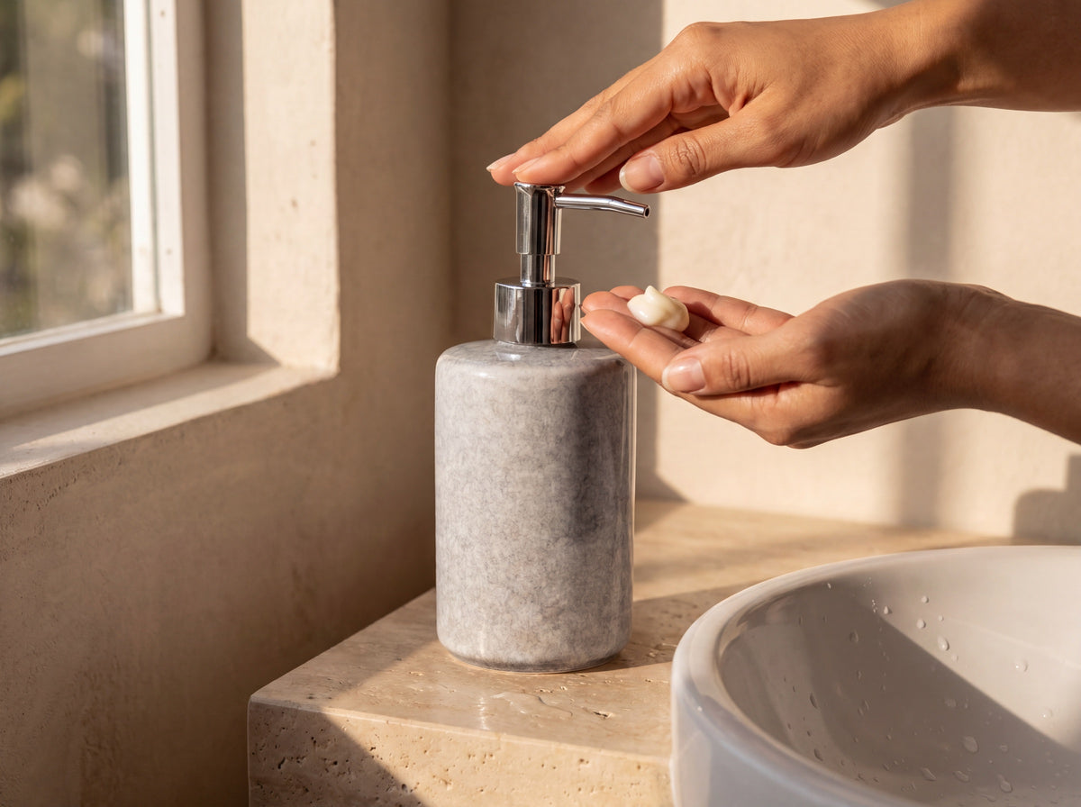 A hand pressing the chrome pump of the grey ceramic soap dispenser beside a white basin.