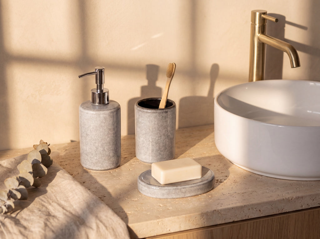 Grey ceramic bath set on a travertine vanity with a bamboo toothbrush, bar soap, white basin and brass tap.