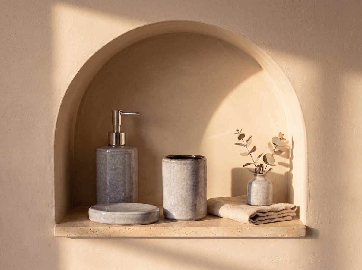 Grey ceramic bathroom set styled in an arched plaster wall niche with linen and eucalyptus.