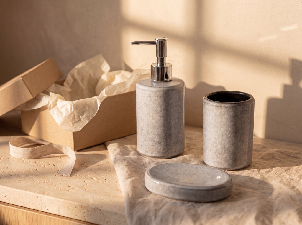 Grey ceramic soap dispenser set beside an open kraft gift box with tissue paper and ribbon.