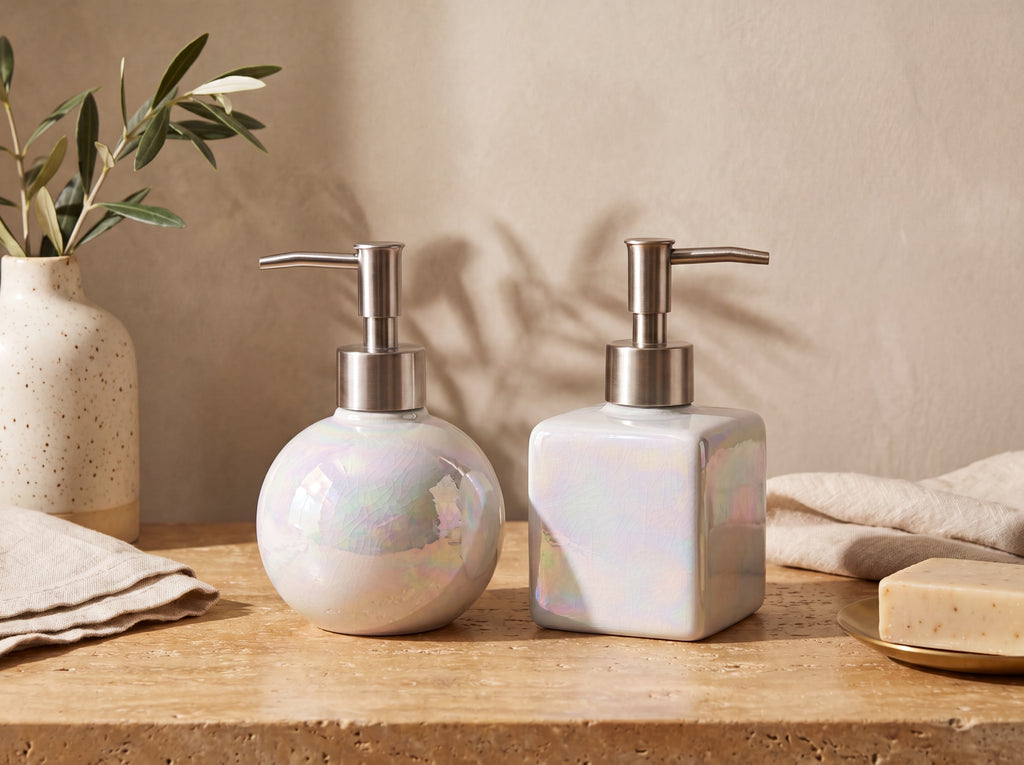 Round and square iridescent pearl ceramic soap dispensers with brushed silver pumps on a warm travertine surface against honeyed plaster, with an olive branch in a speckled cream vase and linen in golden light.