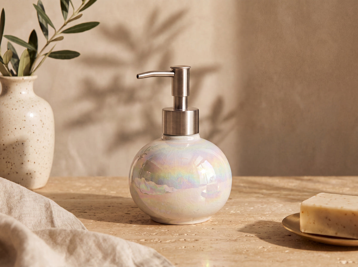 Round spherical iridescent pearl ceramic soap dispenser with a brushed silver pump on a warm travertine surface against honeyed plaster, soft golden daylight.