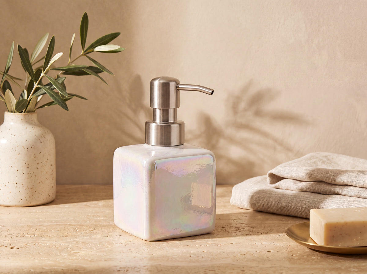 Square rounded-cube iridescent pearl ceramic soap dispenser with a brushed silver pump on a warm travertine surface against honeyed plaster.