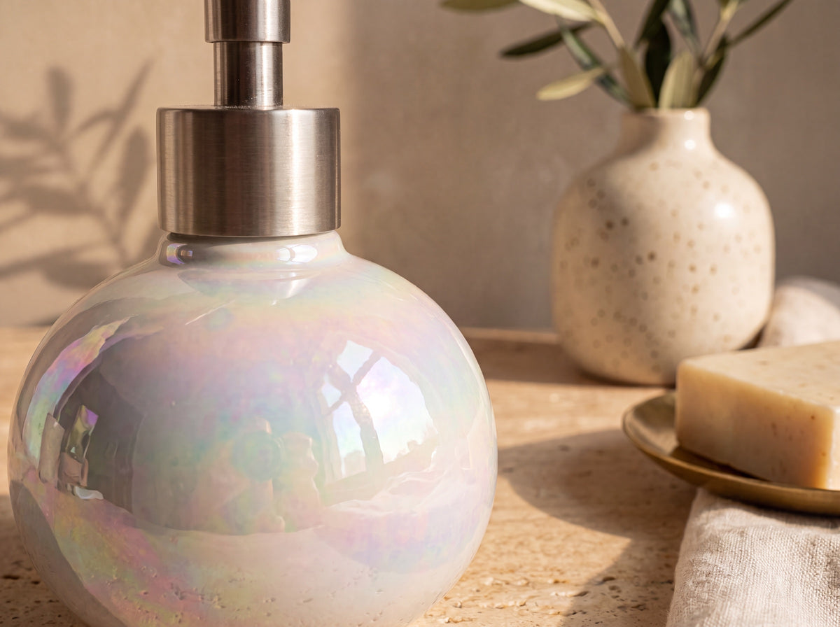 Extreme close-up of the iridescent mother-of-pearl lustre glaze on the ceramic dispenser, showing glossy rainbow shimmer in pink, blue, and green in warm light.