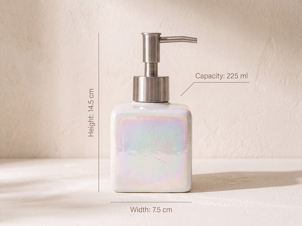 Square pearl ceramic soap dispenser with dimension labels: Height 14.5 cm, Width 7.5 cm, Capacity 225 ml, on a warm plaster backdrop.