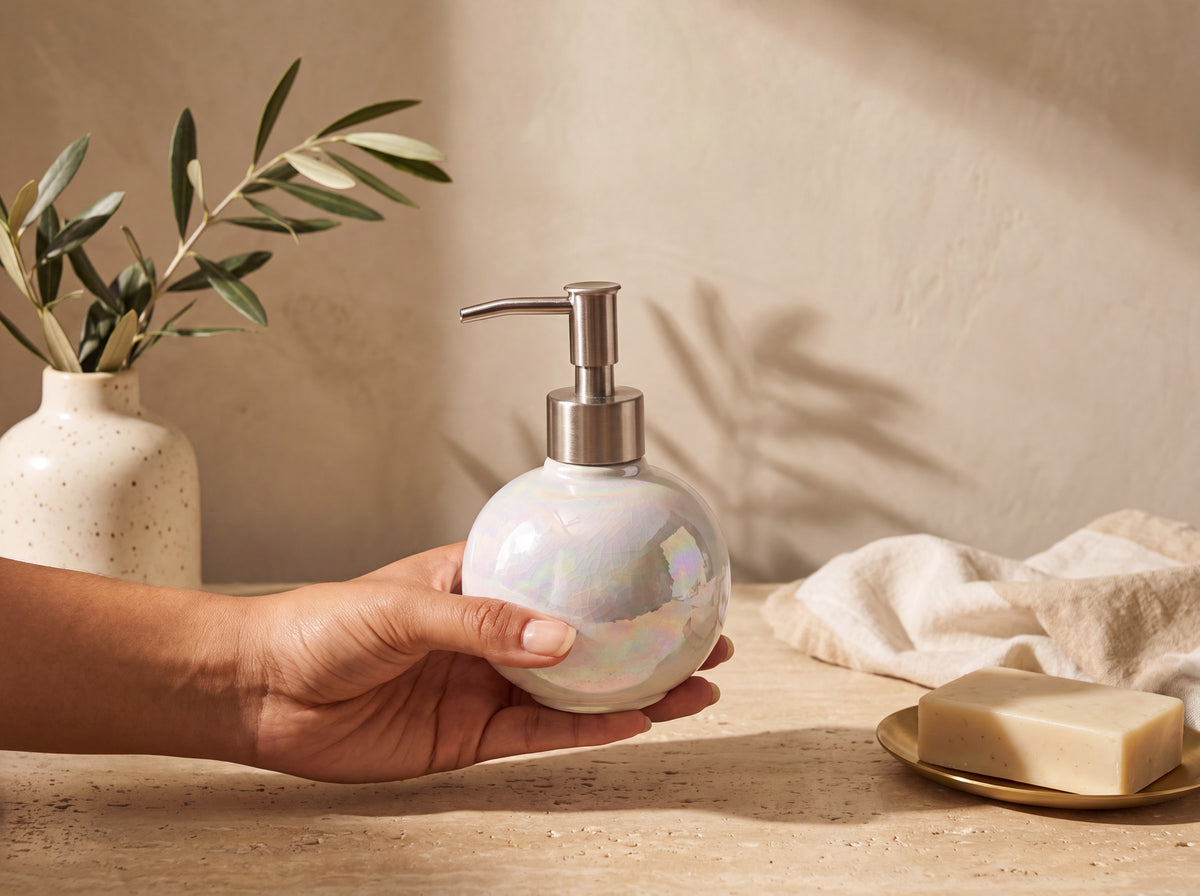 A woman's hand with warm tan skin holds the round iridescent pearl ceramic dispenser to show its real-world size against warm travertine and plaster.