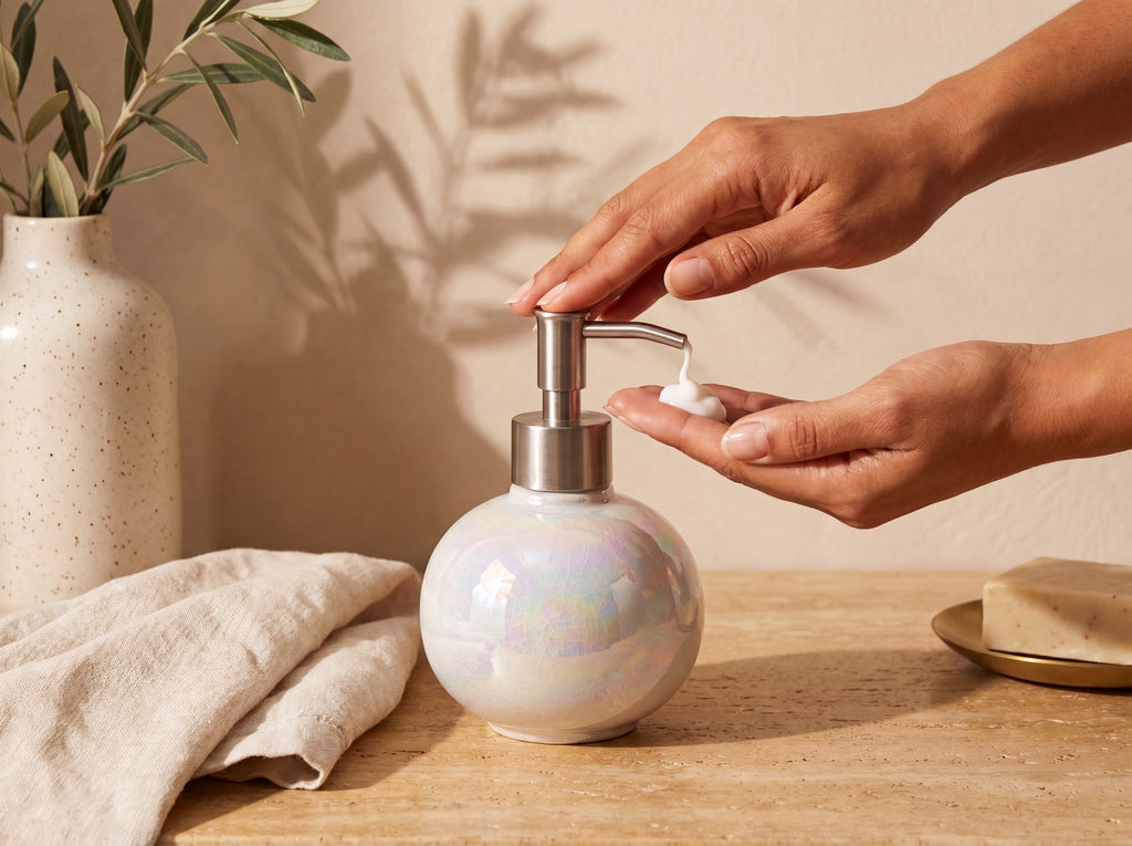 Warm-tan hands press the silver pump of the round pearl ceramic dispenser, dispensing lotion into an open palm, on warm travertine with an olive branch and linen.