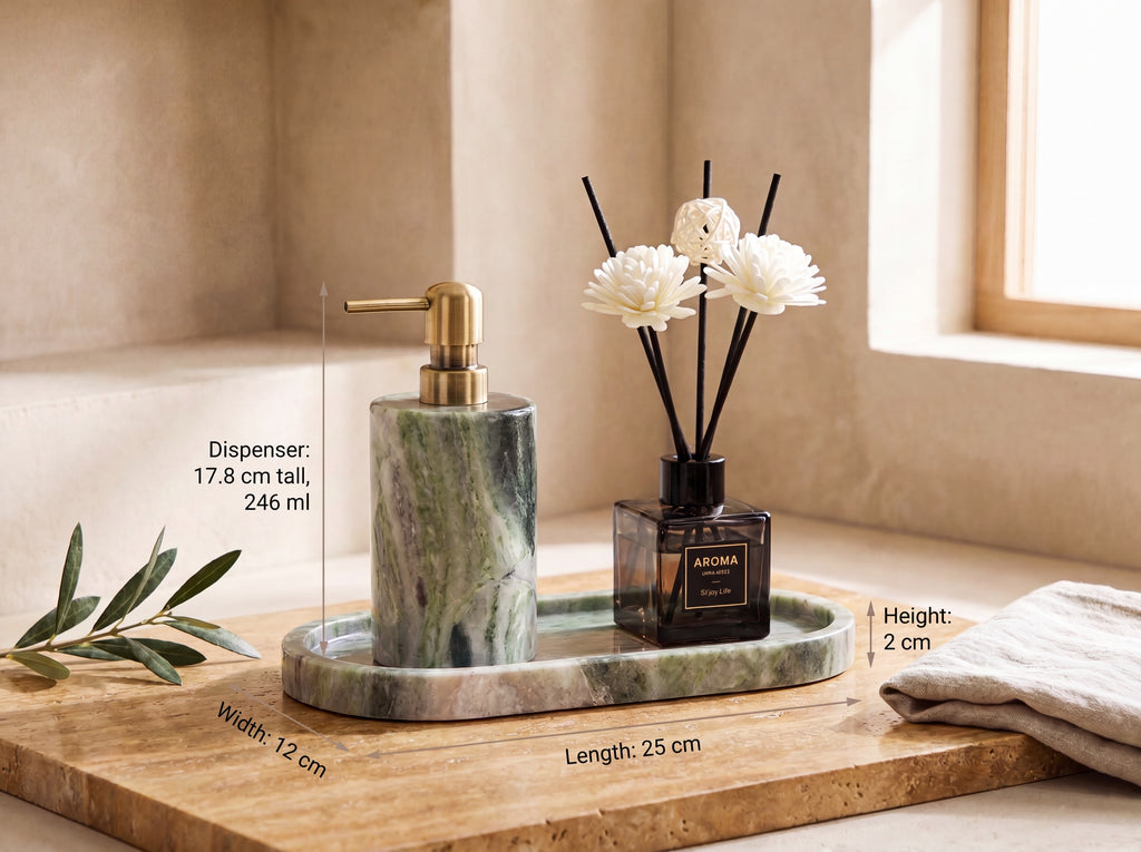Green marble dispenser and oval tray with size labels: tray 25 cm long, 12 cm wide, 2 cm tall; dispenser 17.8 cm, 246 ml.