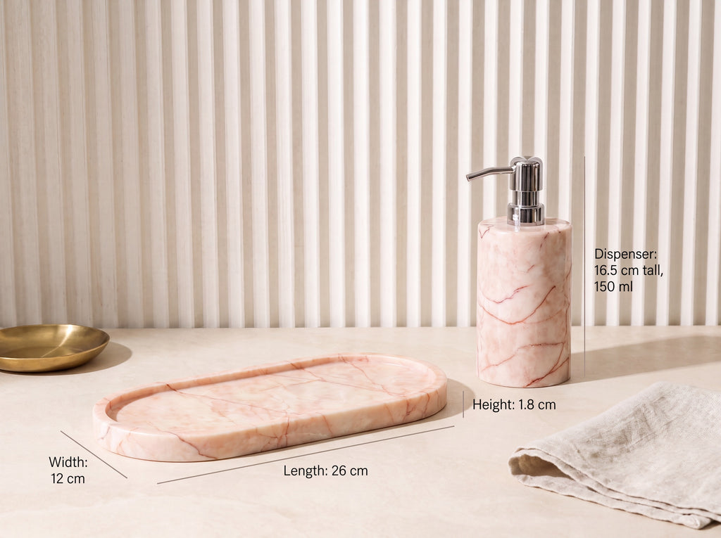 Pink marble dispenser and oval tray with size labels: tray 26 cm long, 12 cm wide, 1.8 cm tall; dispenser 16.5 cm, 150 ml.