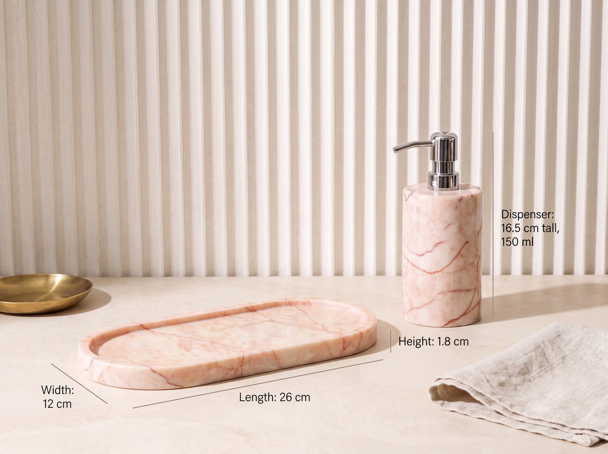 Pink marble dispenser and oval tray with size labels: tray 26 cm long, 12 cm wide, 1.8 cm tall; dispenser 16.5 cm, 150 ml.