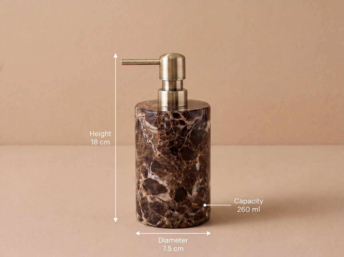Dark marble soap dispenser shown straight on with measurement labels reading 18 cm height, 7.5 cm diameter and 260 ml capacity.