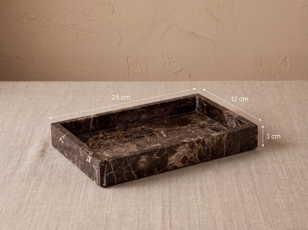 Rectangular dark marble tray with measurement labels reading 25 cm long, 12 cm wide and 3 cm high.