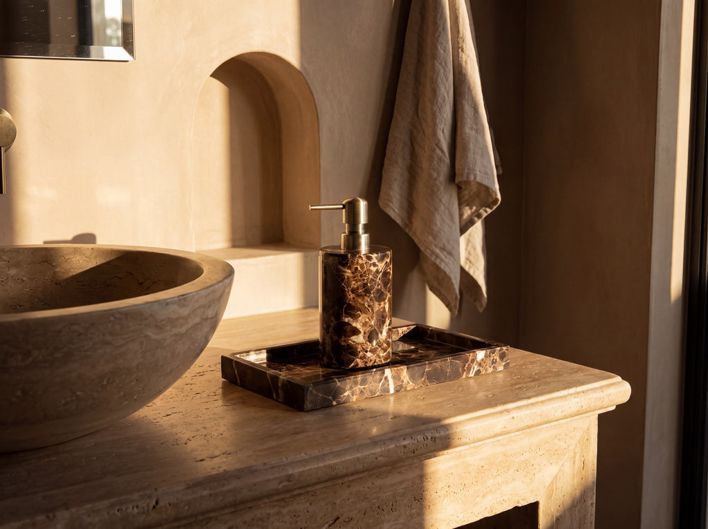 Dark marble soap dispenser and tray styled beside a carved stone basin on a travertine bathroom vanity.
