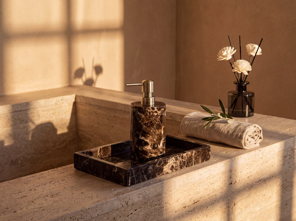 Dark marble dispenser and tray on a wide travertine bathtub ledge with a rolled linen towel and an olive stem.