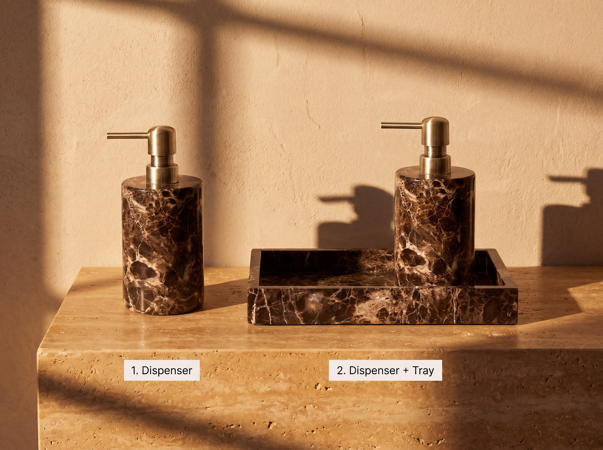 Two purchase options side by side: the dispenser alone, and the dispenser with the rectangular marble tray.