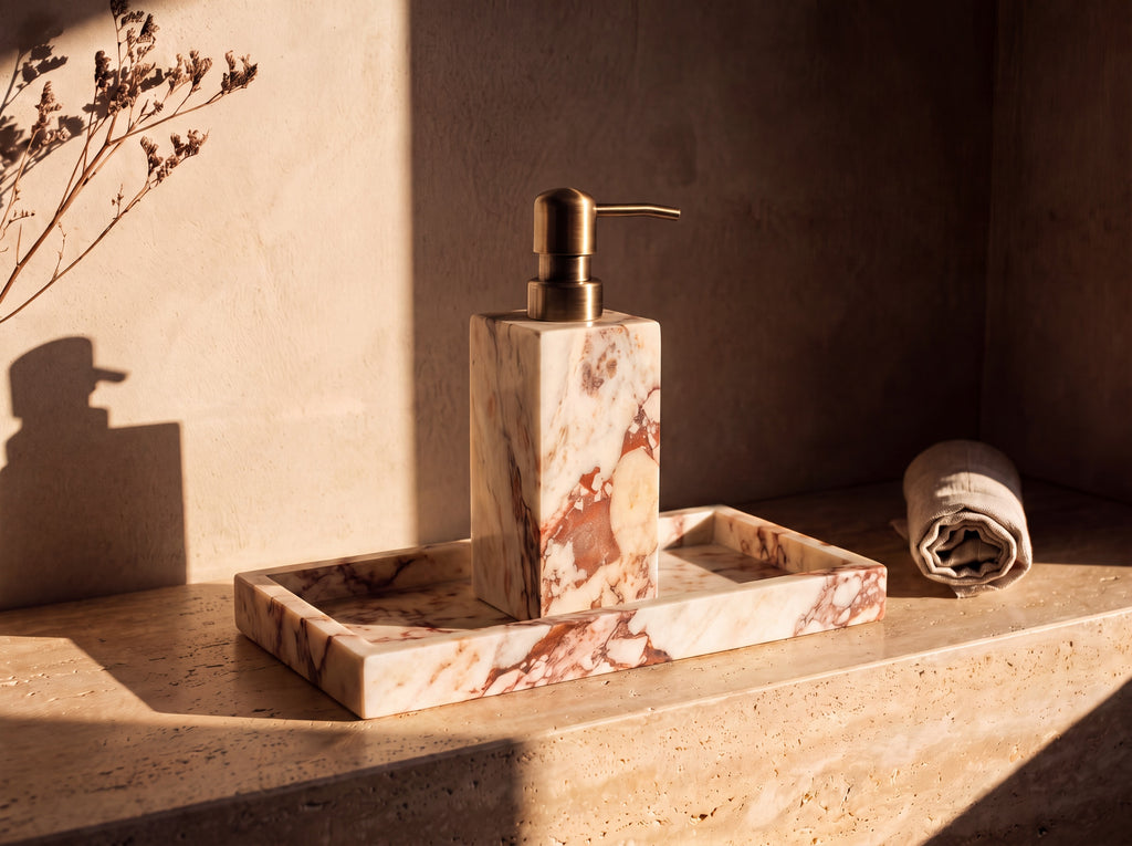 Marble soap dispenser standing on a rectangular marble tray with raised edges, both cut from cream marble with terracotta veining.