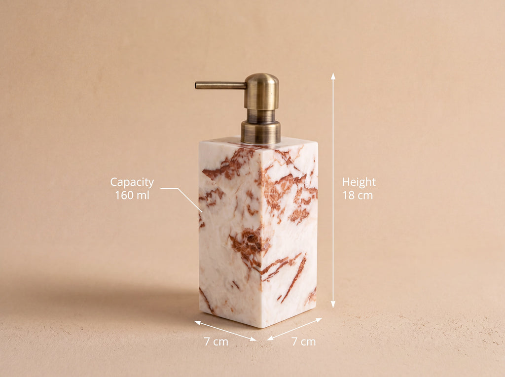 Marble soap dispenser shown straight on with measurement labels reading 18 cm height, 7 x 7 cm base and 160 ml capacity.
