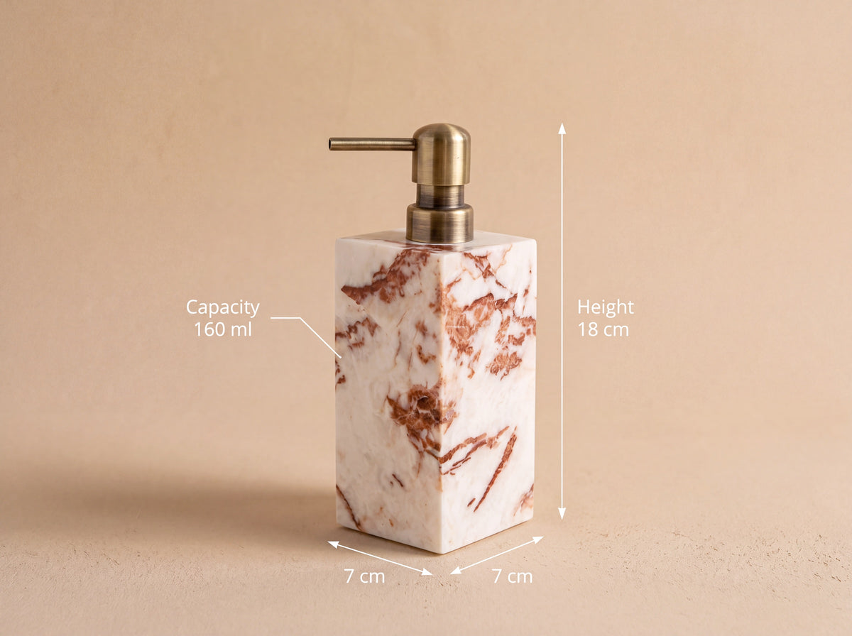 Marble soap dispenser shown straight on with measurement labels reading 18 cm height, 7 x 7 cm base and 160 ml capacity.