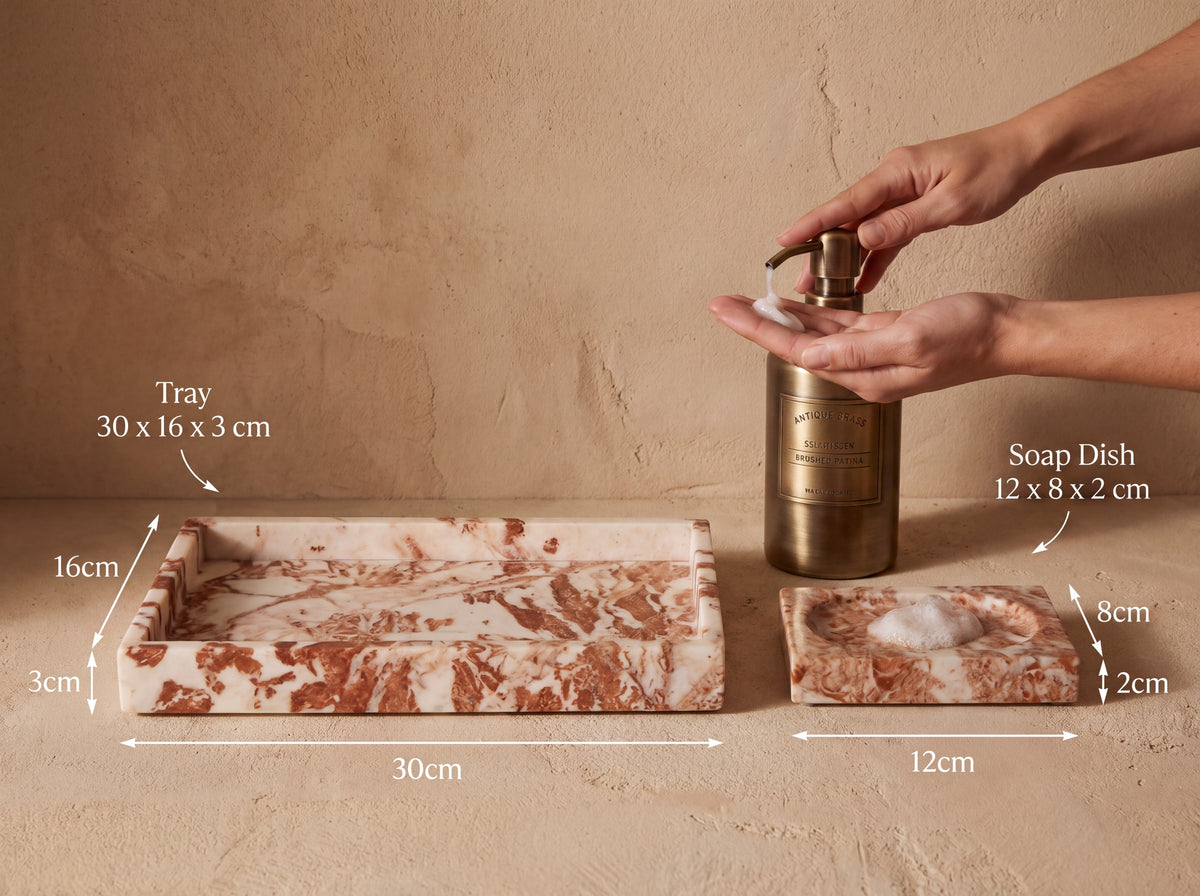Marble tray and marble soap dish side by side with measurement labels reading 30 x 16 x 3 cm and 12 x 8 x 2 cm.
