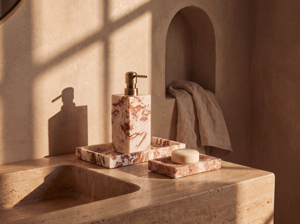 Marble soap dispenser, tray and soap dish styled beside a carved stone basin on a travertine bathroom vanity.