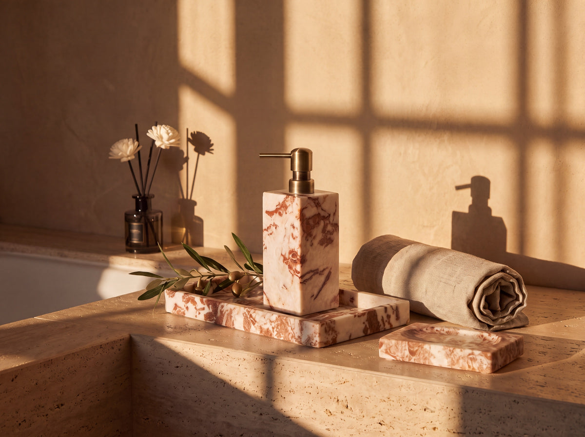 Marble dispenser, tray and soap dish on a wide travertine bathtub ledge with rolled linen towels and an olive stem.