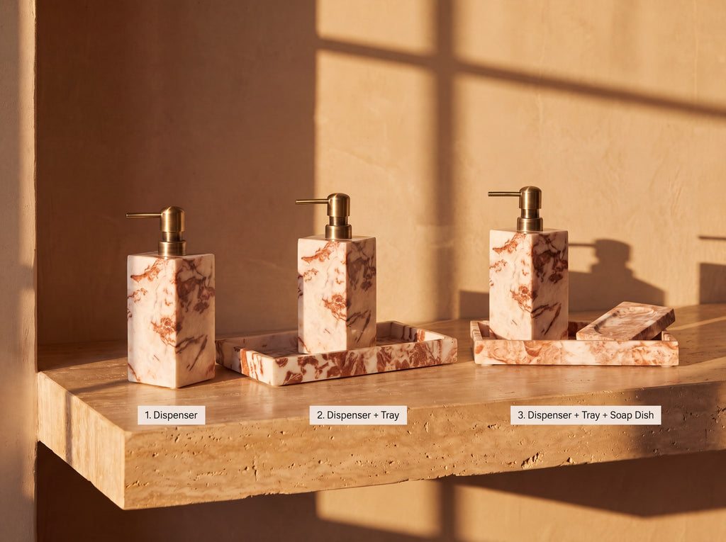 Three purchase options side by side: dispenser alone, dispenser with tray, and dispenser with tray and soap dish.