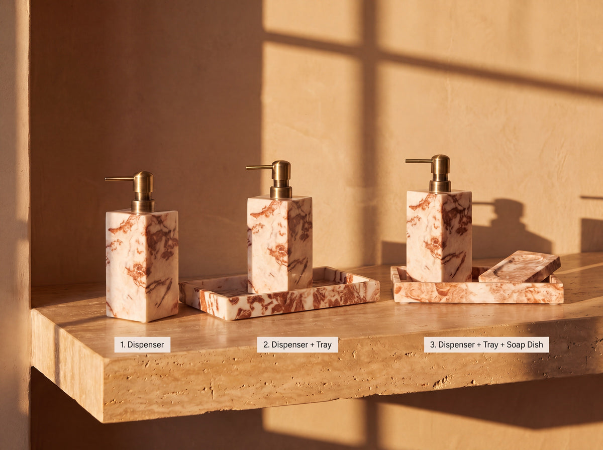 Three purchase options side by side: dispenser alone, dispenser with tray, and dispenser with tray and soap dish.