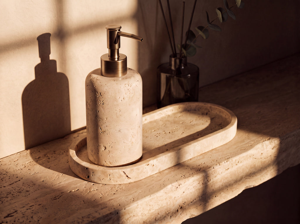 Natural travertine soap dispenser with antique brass pump standing on its matching oval travertine tray in warm golden window light