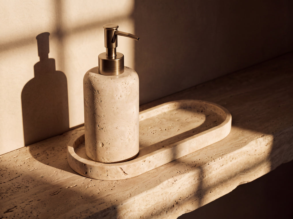 Overhead flat lay of the travertine soap dispenser on its oval travertine tray showing the full pill shape