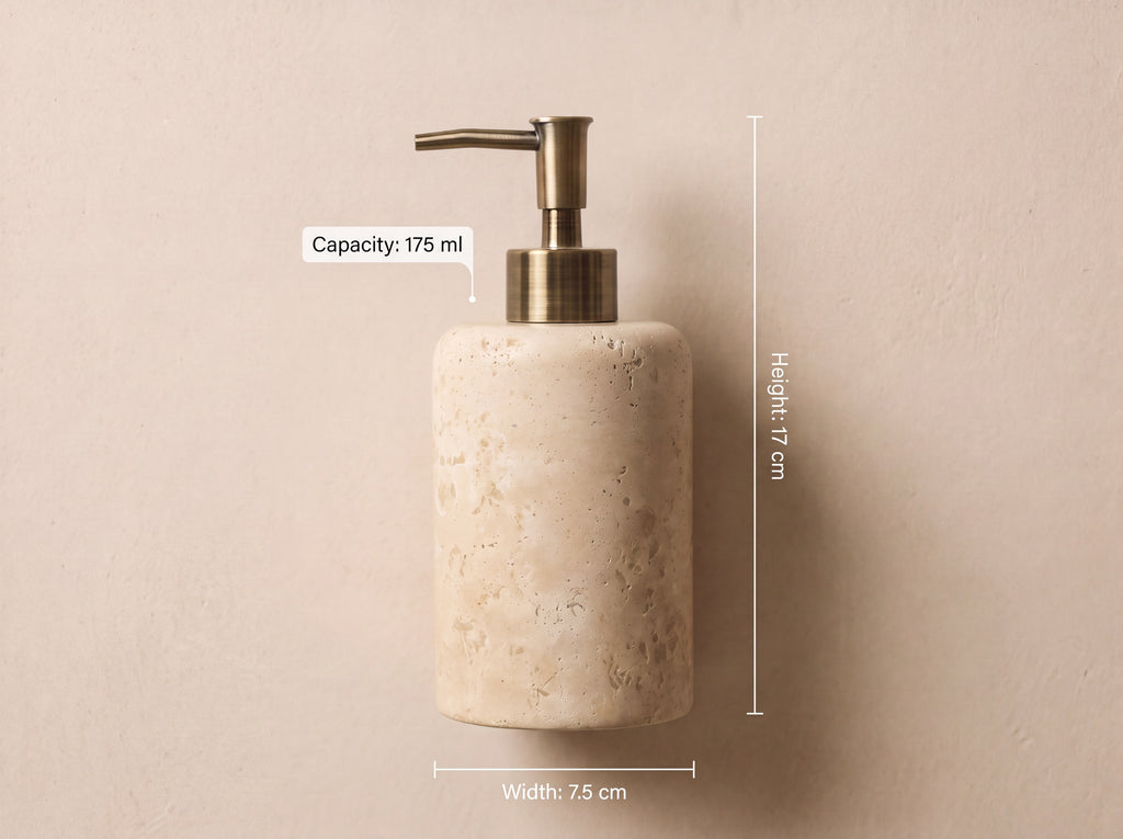 Travertine soap dispenser labelled with Height 17 cm, Width 7.5 cm and Capacity 175 ml