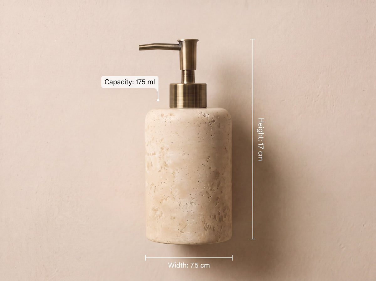 Travertine soap dispenser labelled with Height 17 cm, Width 7.5 cm and Capacity 175 ml