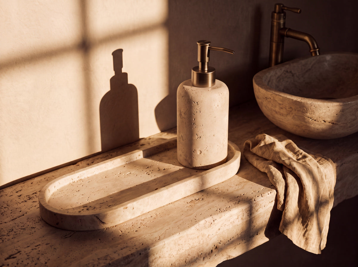 Travertine dispenser and tray on a bathroom vanity beside a carved stone basin and aged brass tap
