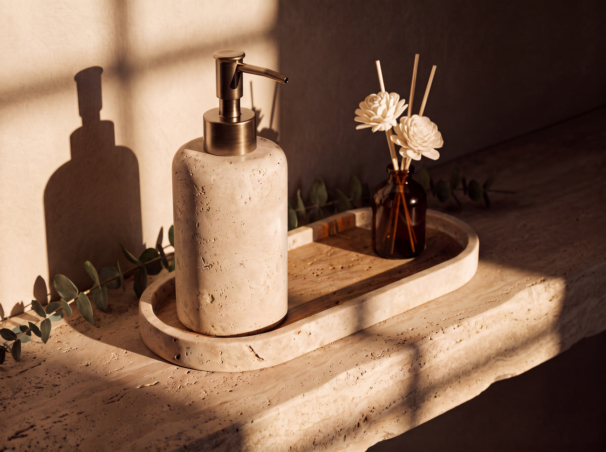 Travertine soap dispenser and tray on a floating stone shelf with a reed diffuser and eucalyptus